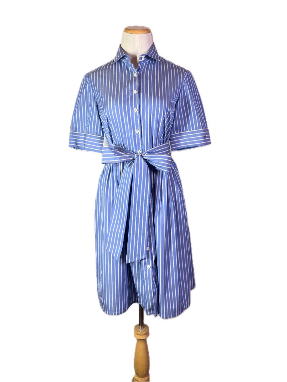 Hadleigh's Size 42 Blue Striped Cotton Shirtdress Sash Belt